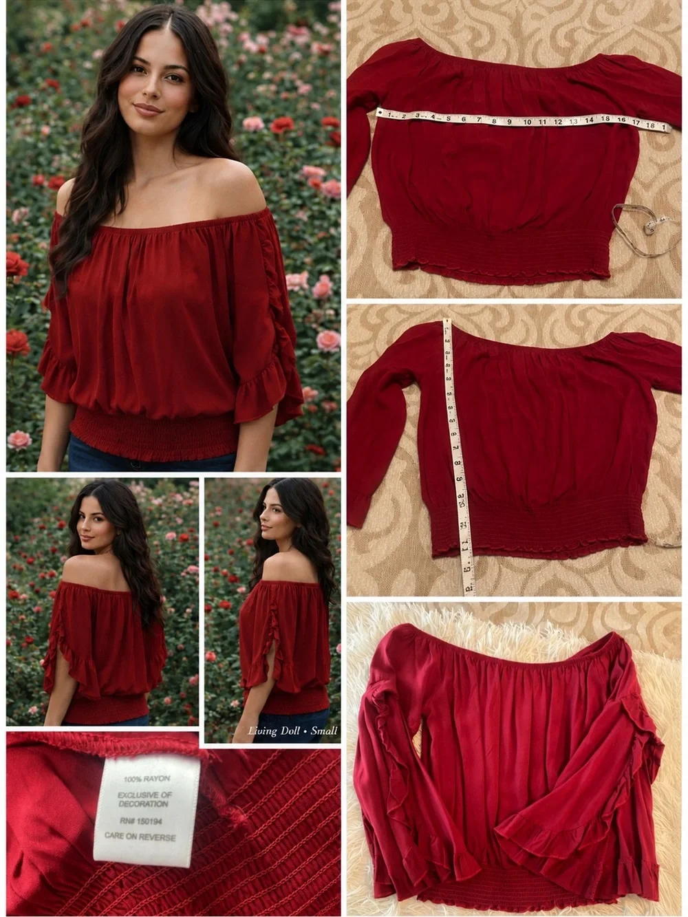 Living Doll Red Off Shoulder Boho Peasant Blouse Small